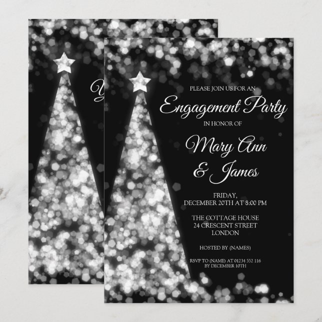 Elegant Silver Black Christmas Engagement Party Invitation (Front/Back)