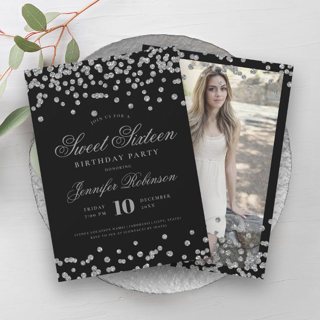 Elegant Silver Black Confetti Photo Sweet 16   Invitation (Elegant Silver Black Confetti Photo Sweet 16 Invitation)