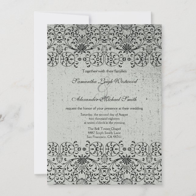 Elegant silver black damask wedding invitation (Front)
