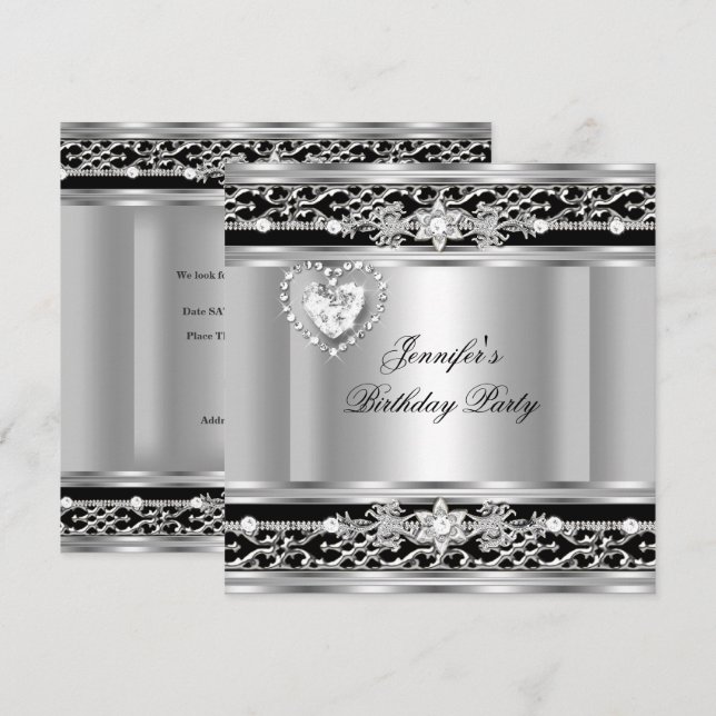 Elegant Silver Black Diamond Birthday Party Invitation (Front/Back)