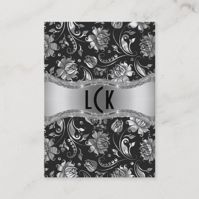 Elegant Silver & Black Floral Damasks Business Card (Front)