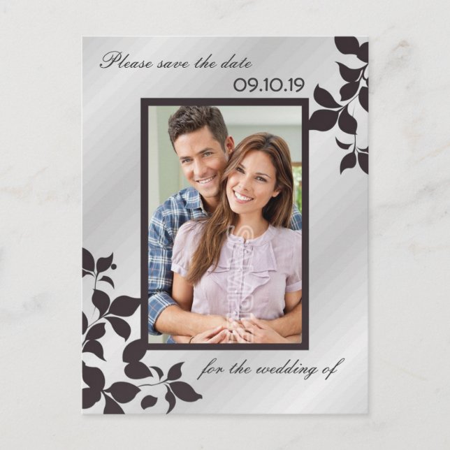 Elegant Silver Black Floral Photo Save The Date Announcement Postcard (Front)