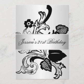 Elegant Silver Black Flowers Birthday Party Invitation