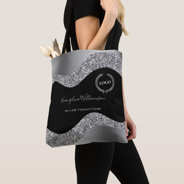 Elegant Silver Black Glam Logo Tote Bag (Close Up)