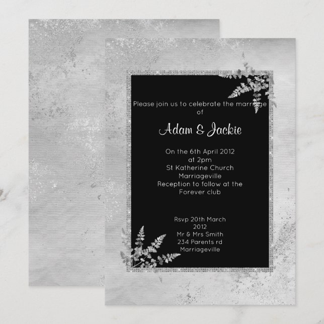ELEGANT SILVER BLACK MARBLE GLITTER WEDDING INVITATION (Front/Back)