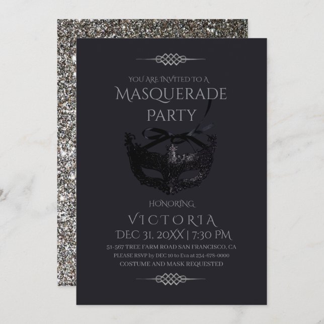 Elegant Silver Black Masquerade Party Birthday Invitation (Front/Back)