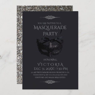 Elegant Silver Black Masquerade Party Birthday Invitation