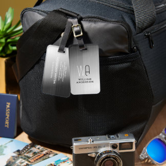 Elegant Silver & Black Metallic Brushed Monogram Luggage Tag