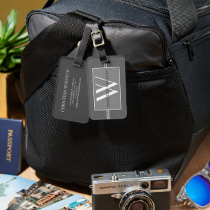 Elegant silver Black monogrammed Name Personalised Luggage Tag