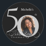 Elegant Silver Black Photo 50th Birthday Classic Round Sticker<br><div class="desc">Elegant Silver Black Photo 50th Birthday Classic Round Sticker. And elegantly designed special birthday celebration,  featuring a custom photo of birthday person and script calligraphy with vintage flourish elements. Simple enough to fit a variety of themes and colours!
Need help? Simply contact me!</div>