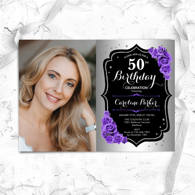 Elegant Silver Black Purple Photo 50th Birthday Invitation (Creator Uploaded)