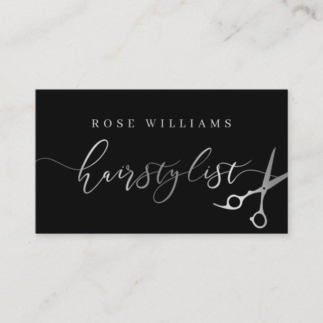 Elegant silver & black scissors hairstylist business card (Front)