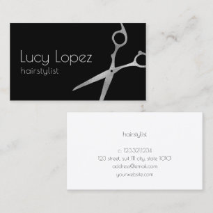 Elegant silver & black scissors hairstylist  business card