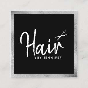 Elegant silver & black scissors hairstylist square business card