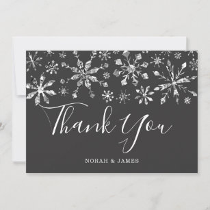 Elegant Silver Black Snowflake Wedding Thank You Card