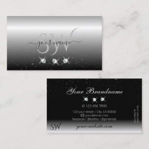 Elegant Silver Black Sparkling Diamonds Initials Business Card
