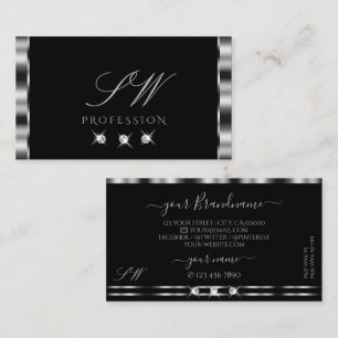Elegant Silver Black Sparkling Diamonds Initials Business Card