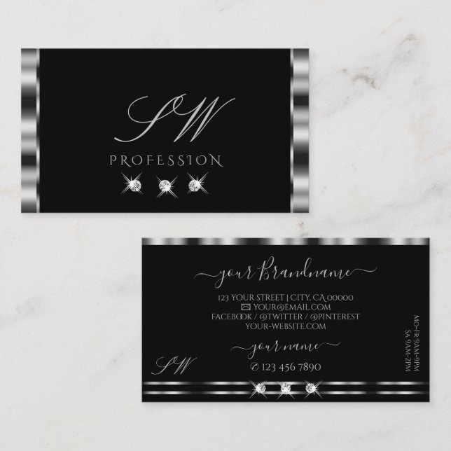 Elegant Silver Black Sparkling Diamonds Initials Business Card (Front/Back)