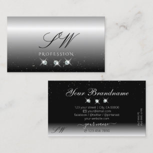 Elegant Silver Black Sparkling Diamonds Monogram Business Card