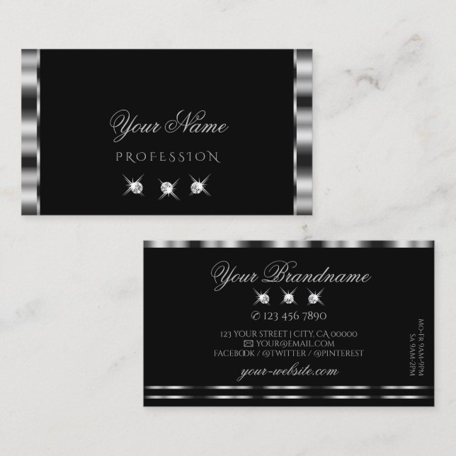 Elegant Silver Black Sparkling Diamonds Stylish Business Card (Front/Back)