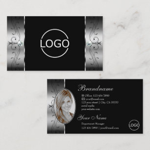 Elegant Silver Black Squiggled Jewels Logo & Photo Business Card