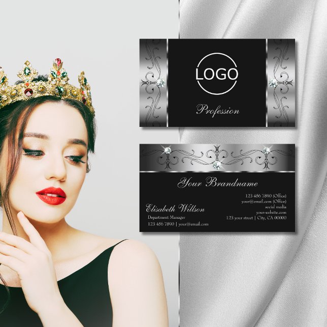 Elegant Silver Black Squiggled Jewels with Logo Business Card (Creator Uploaded)