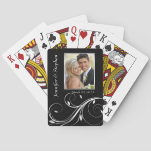 Elegant Silver & Black Wedding Photo Playing Cards