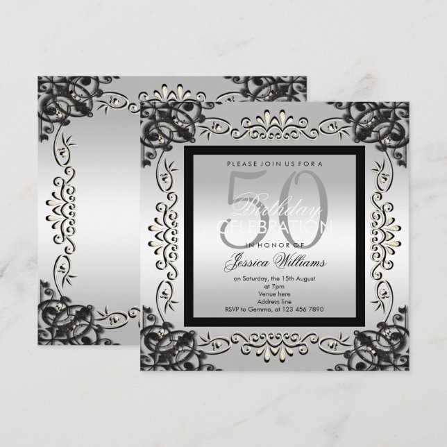 Elegant Silver & Black Women's 50th Birthday Invitation (Front/Back)