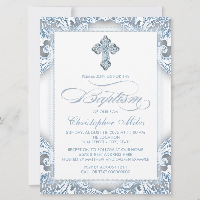 Elegant Silver Blue Baptism Invitation (Front)