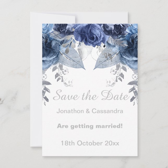 ELEGANT SILVER BLUE FLORAL BLUE SAVE THE DATE (Front)