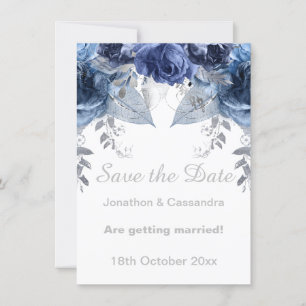 ELEGANT SILVER BLUE FLORAL SAVE THE DATE