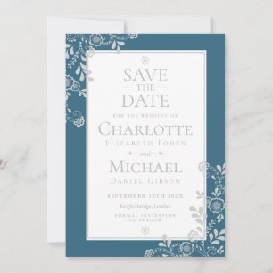Elegant Silver Blue Floral Wedding Save the Date