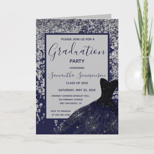 Elegant Silver Blue Glitter Dress Grad Photo Invit Card (Front)