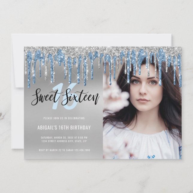 Elegant silver blue glitter drips sweet sixteen  invitation (Front)