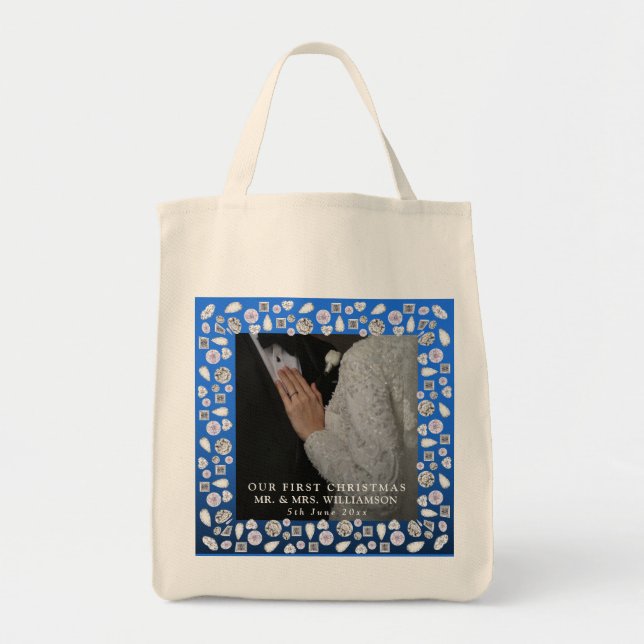 Elegant Silver Blue Heart Diamond First Christmas Tote Bag (Front)