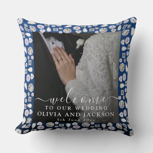 Elegant Silver Blue Heart Diamond Glitter Wedding  Cushion (Front)