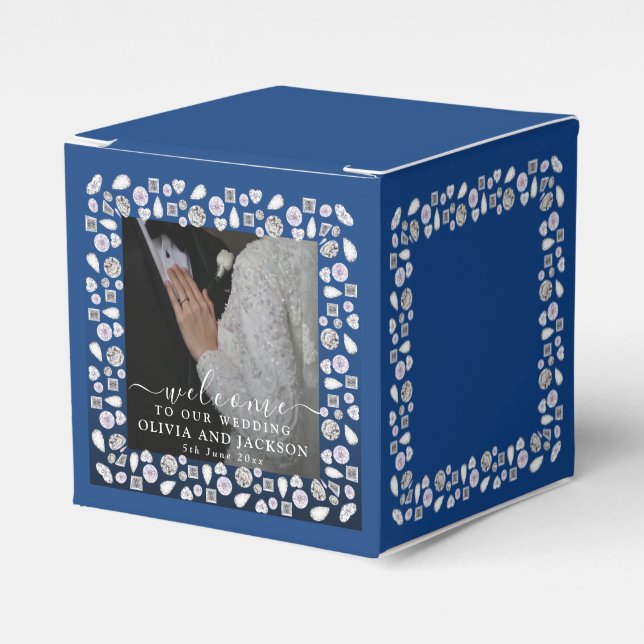 Elegant Silver Blue Heart Diamond Glitter Wedding  Favour Box (Front Side)