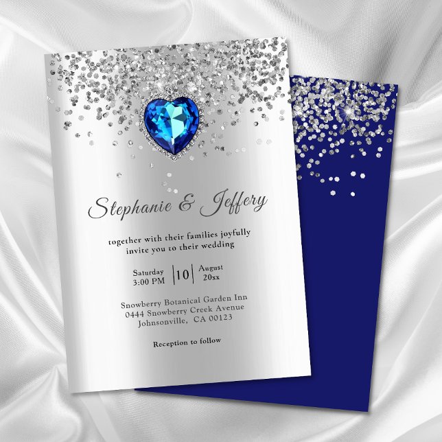 Elegant Silver Blue Heart Diamond Glitter Wedding Invitation (Creator Uploaded)