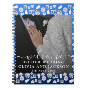 Elegant Silver Blue Heart Diamond Glitter Wedding  Notebook