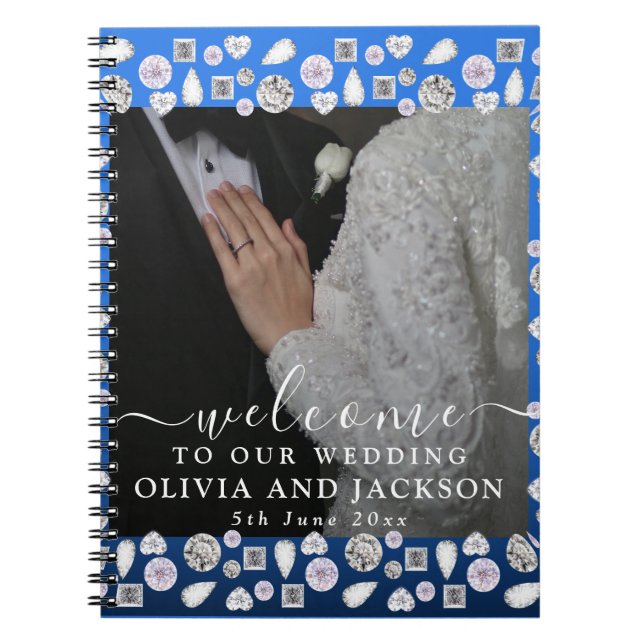 Elegant Silver Blue Heart Diamond Glitter Wedding  Notebook (Front)