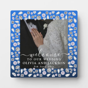 Elegant Silver Blue Heart Diamond Glitter Wedding Plaque