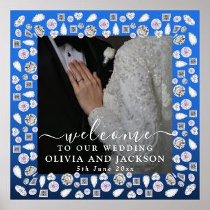 Elegant Silver Blue Heart Diamond Glitter Wedding  Poster