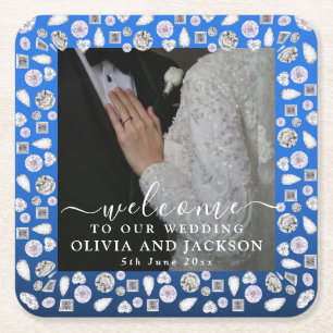 Elegant Silver Blue Heart Diamond Glitter Wedding  Square Paper Coaster