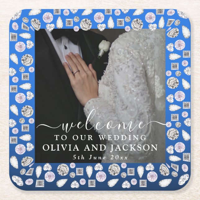 Elegant Silver Blue Heart Diamond Glitter Wedding  Square Paper Coaster (Front)