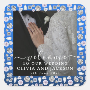 Elegant Silver Blue Heart Diamond Glitter Wedding  Square Sticker