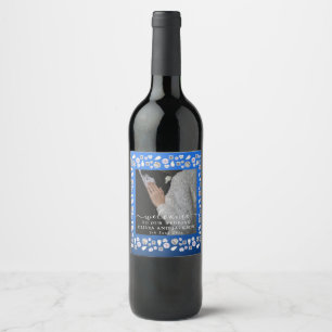 Elegant Silver Blue Heart Diamond Glitter Wedding Wine Label
