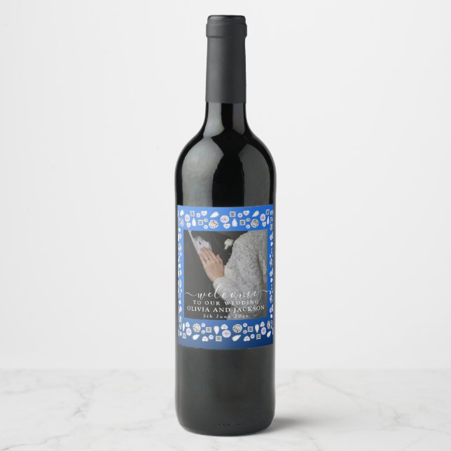 Elegant Silver Blue Heart Diamond Glitter Wedding  Wine Label (Front)