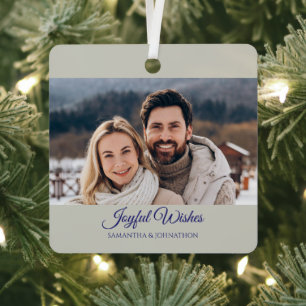 Elegant Silver Blue Joyful Wishes Photo Metal Tree Decoration