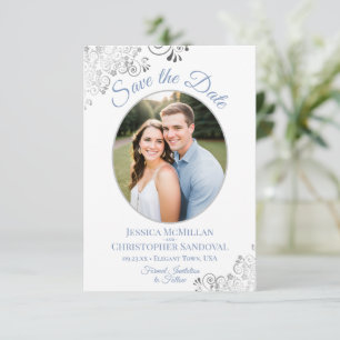 Elegant Silver & Blue on White Photo Wedding Save The Date