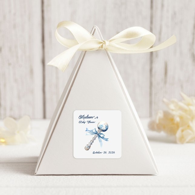 Elegant Silver Blue Rattle Bow Baby Shower Square Sticker (Creator Uploaded)